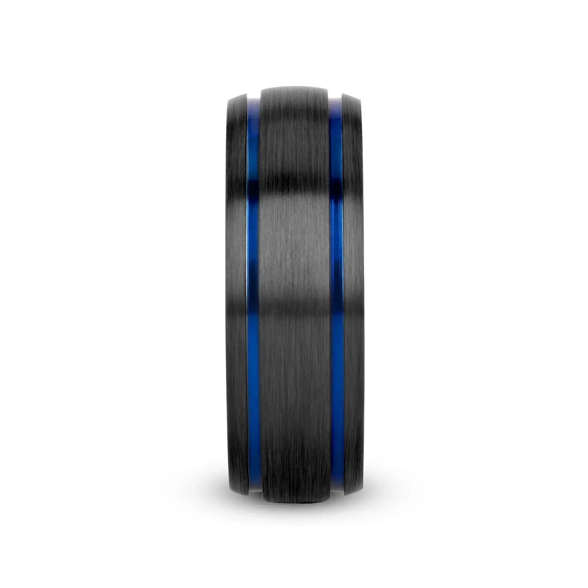 SHERIFF Domed Black Titanium Brushed Finish Men’s Wedding Ring with Blue Grooves – 8mm