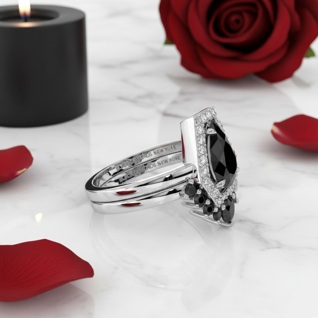 Faithfulness-1ct Black Pear Cut Diamond Option 14k White Gold Coffin Ring Set