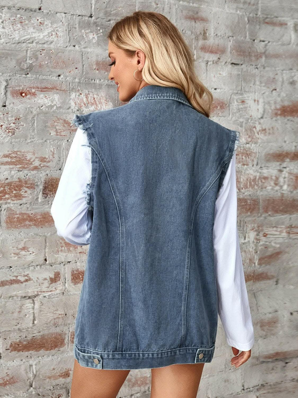 Jackets Trendsi Sleeveless denim jacket with raw hem
