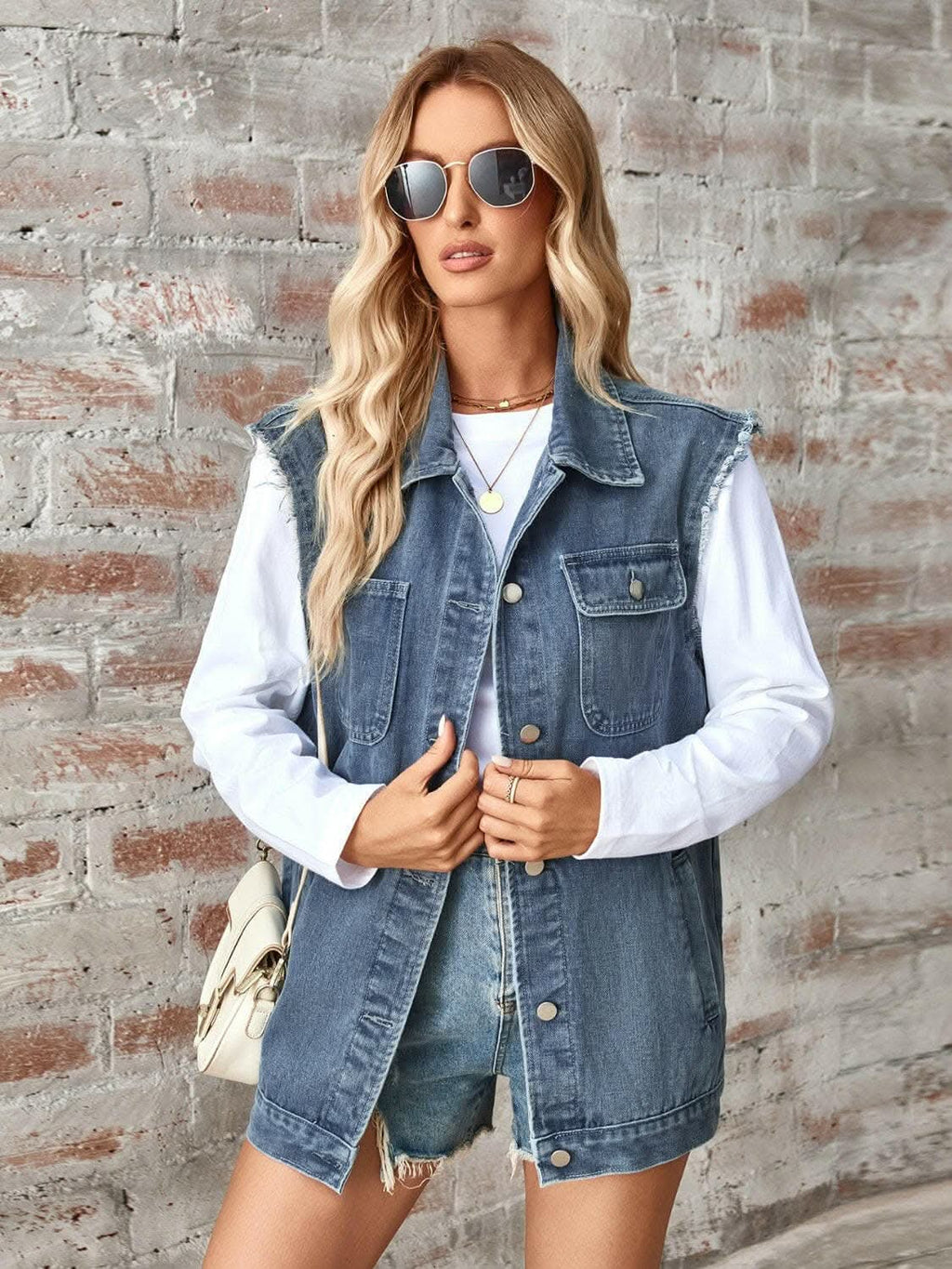 Jackets Trendsi Sleeveless denim jacket with raw hem