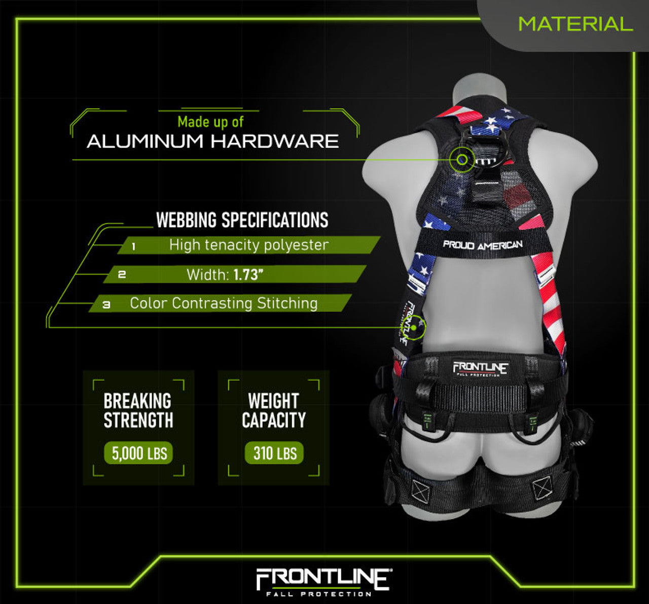 Frontline 110CTB-AM American Style Full Body Harness with Aluminum Hardware and Suspension Trauma Straps M/L