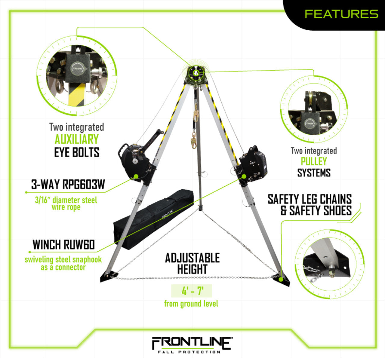 Frontline TAN07RURP MEGApod Confined Space 7' Aluminum Tripod with 60' Winch and 3-Way SRL