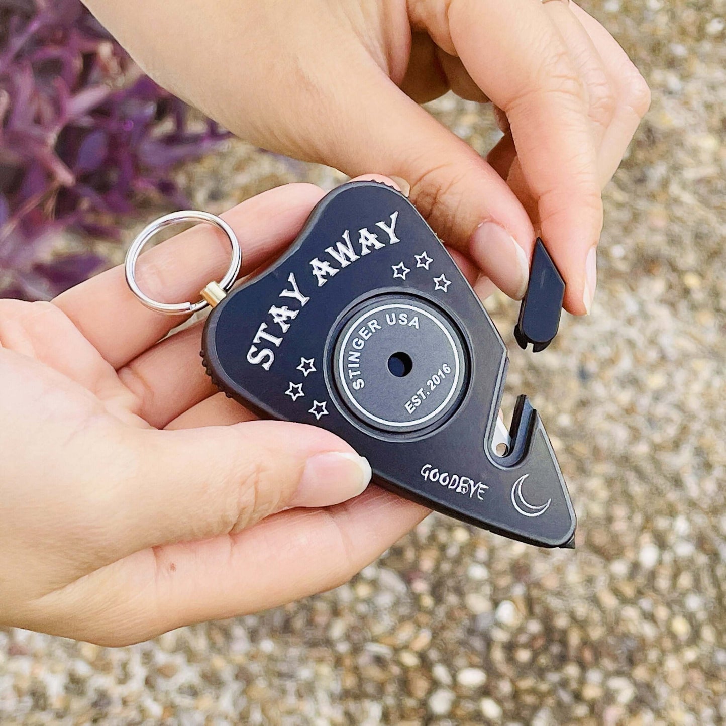 Stinger Stay Away Personal Safety Alarm Keychain Emergency Tool: Siren Alarm, Seat Belt Cutter, Glass Breaker (Black Stay Away)