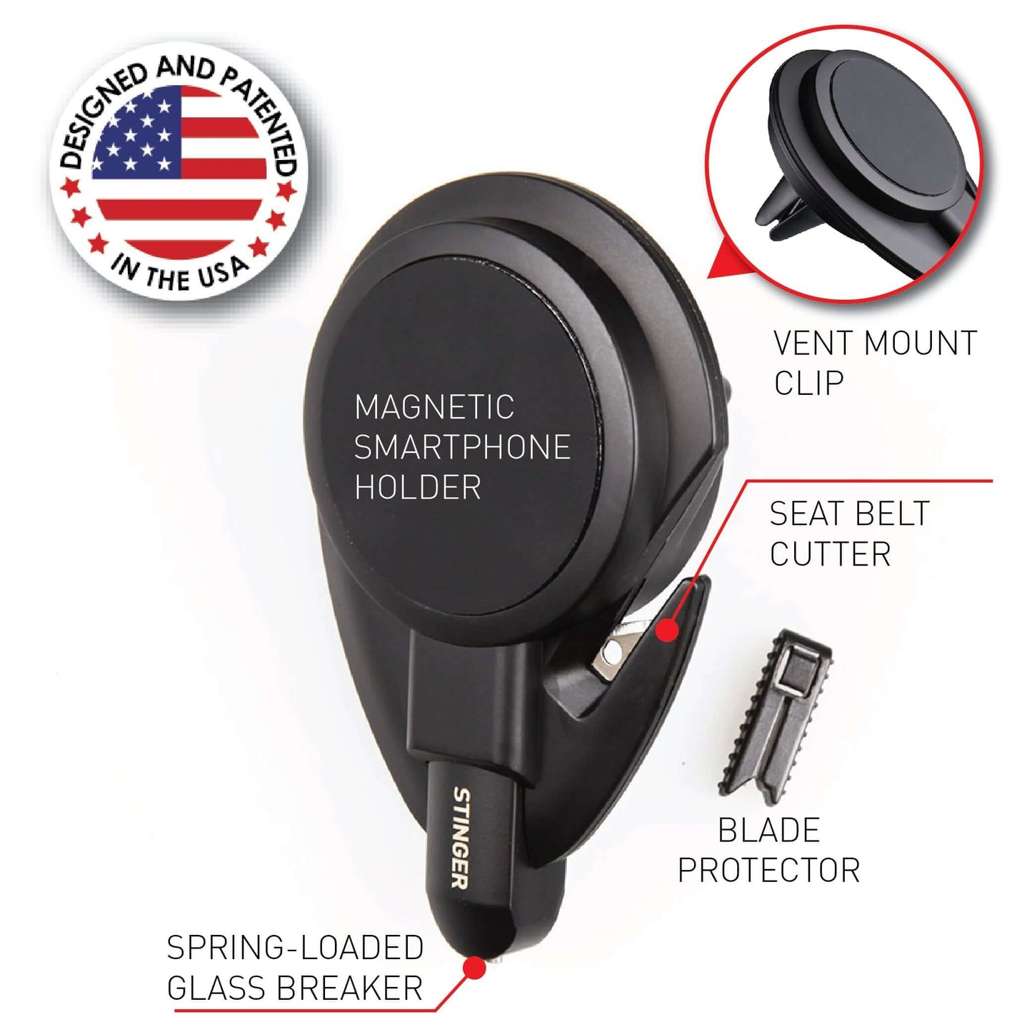Stinger Car Vent Mount Magnetic Phone Holder Emergency Tool (Black)