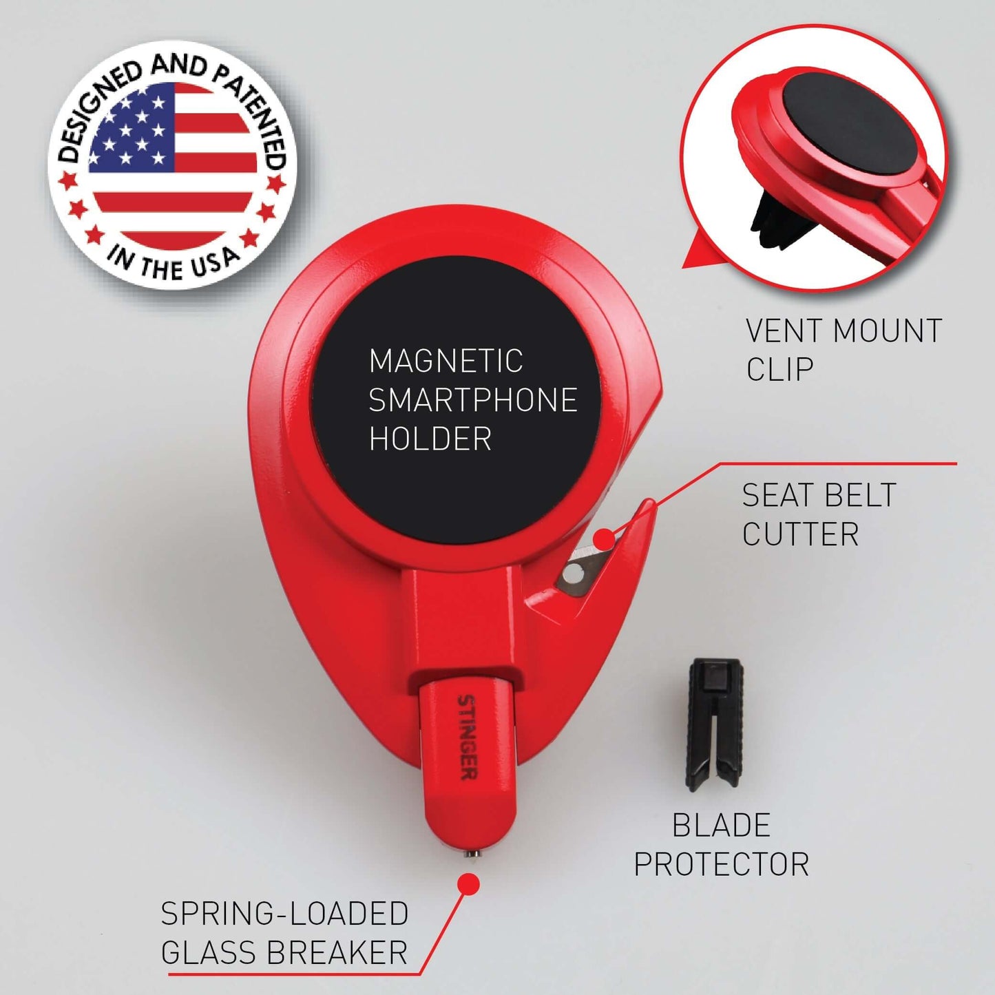 Stinger Car Vent Mount Magnetic Phone Holder Emergency Tool (Red)