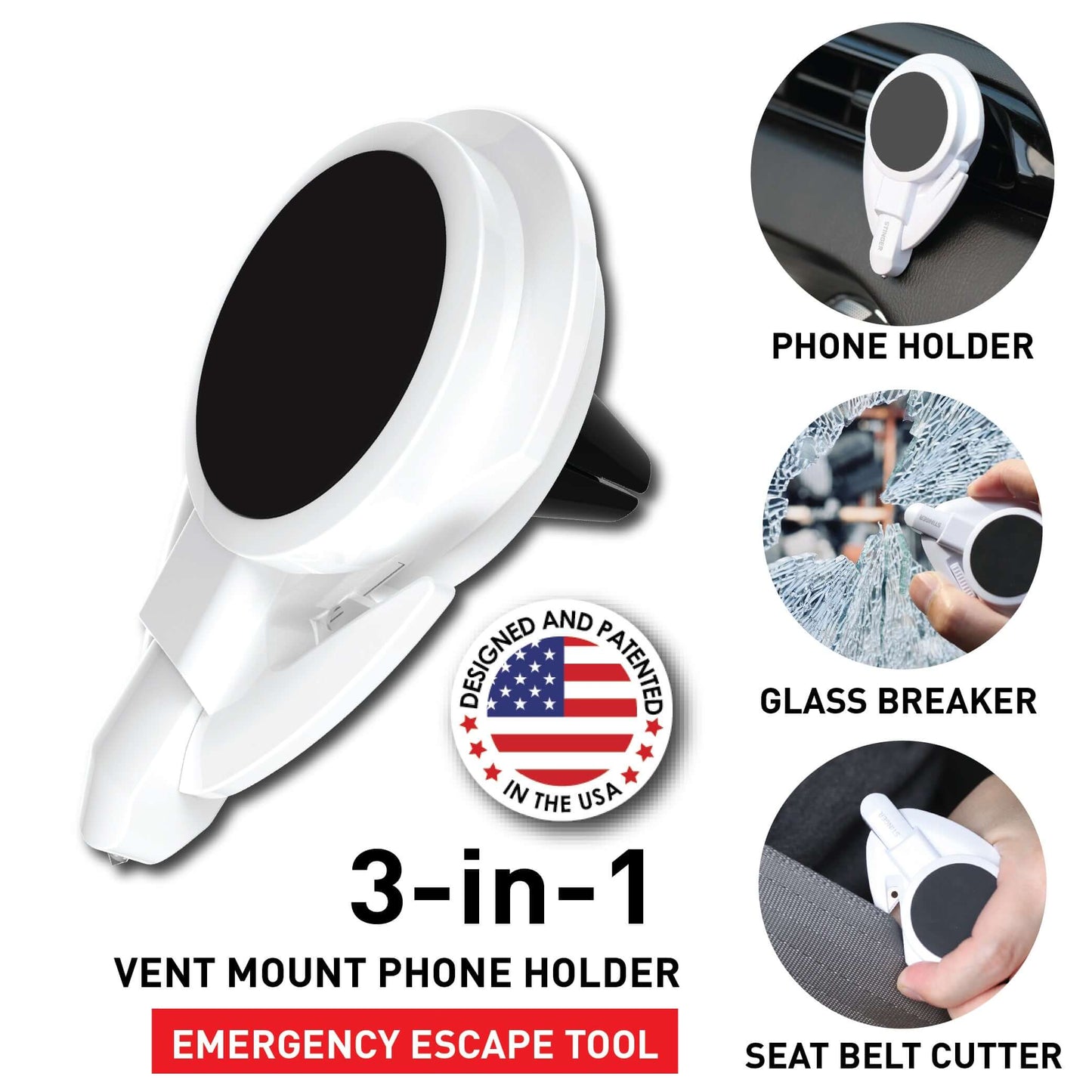 Stinger Car Vent Mount Magnetic Phone Holder Emergency Tool (White)