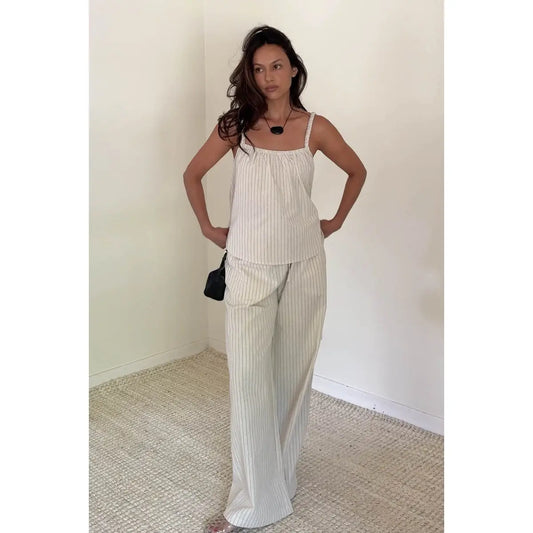 2 Piece Strip Linen A Line Top and Pants Sets