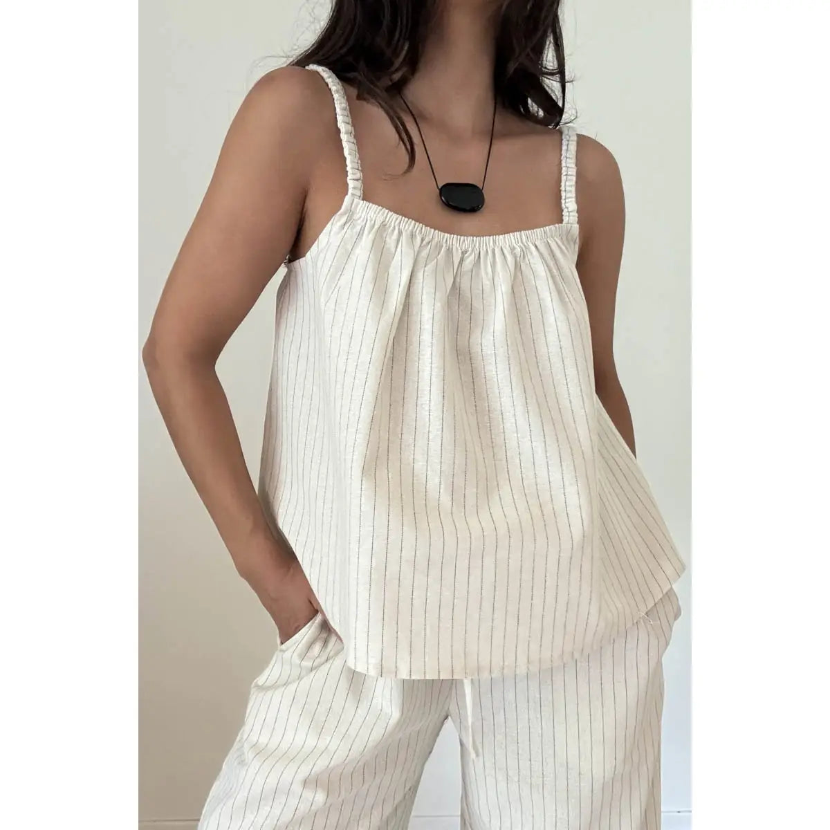 2 Piece Strip Linen A Line Top and Pants Sets