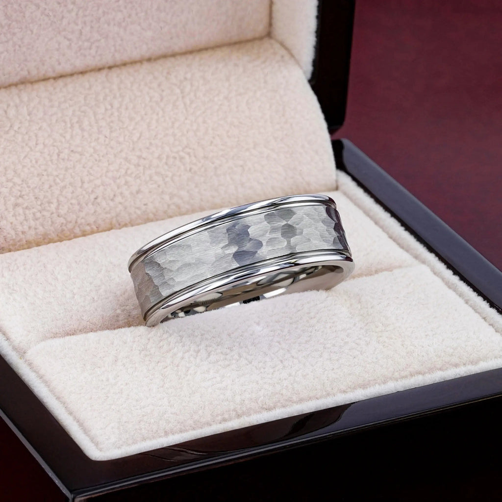 THORNTON Hammered Finish Center White Tungsten Carbide Wedding Band with Dual Offset Grooves and Polished Edges - 6mm & 8mm