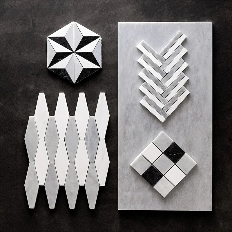 Allure Light Snow White Black Honed 12"x12" Marble 2"x2" Mosaic Tile