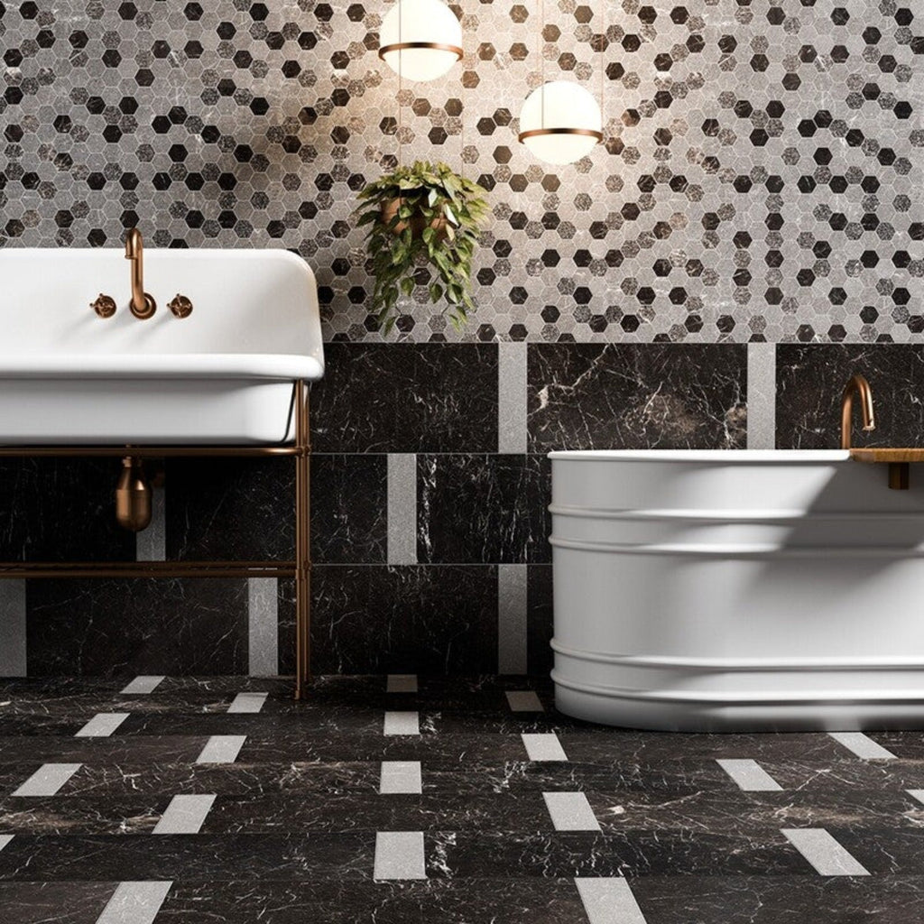 Black Night Textura 10 3/8"x12" Hexagon Marble Mosaic