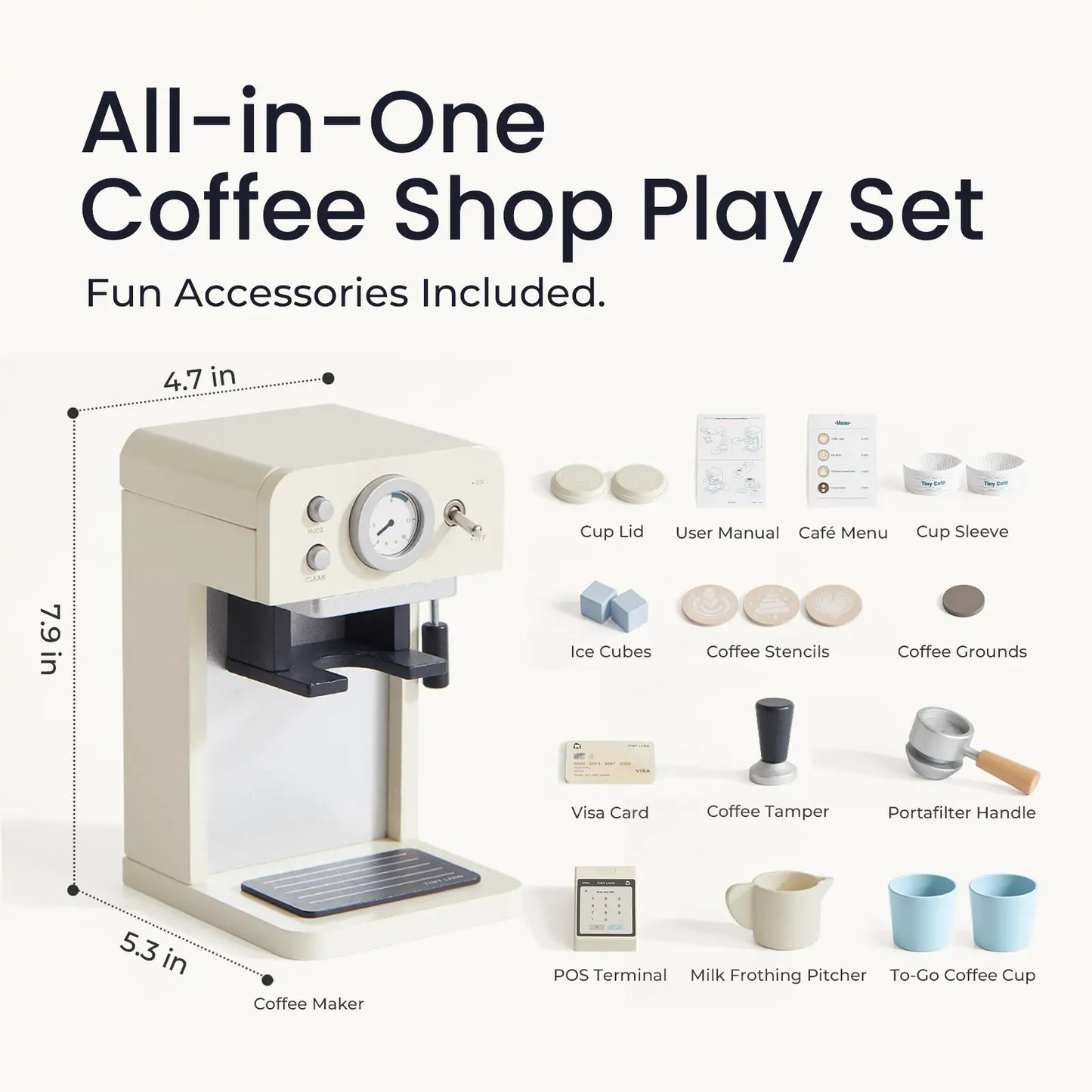 Tiny Land® Play Kitchen Accessories – Children’s Coffee Maker: Wooden Café Play Set for Kids