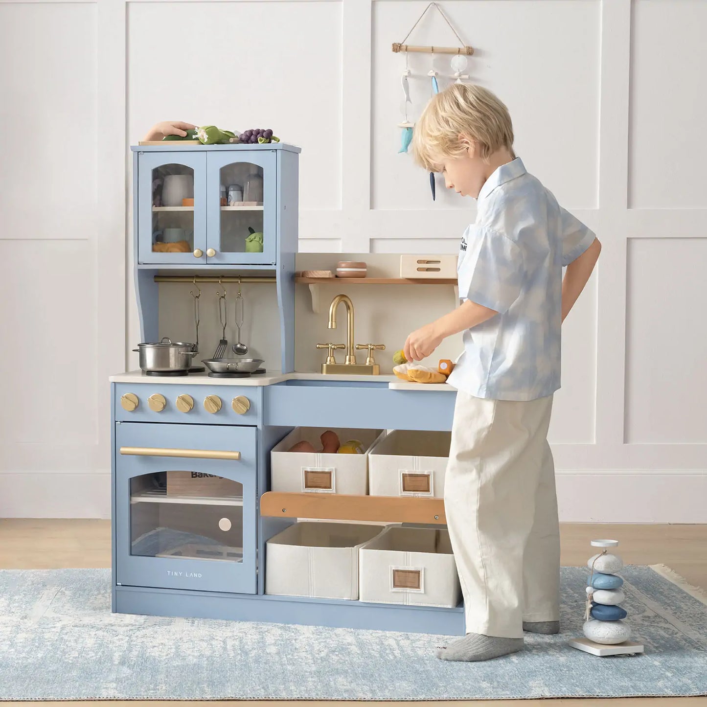 Tiny Land® Pretend Play Kitchen for Kids - Serenity Wooden Kitchen – Blue