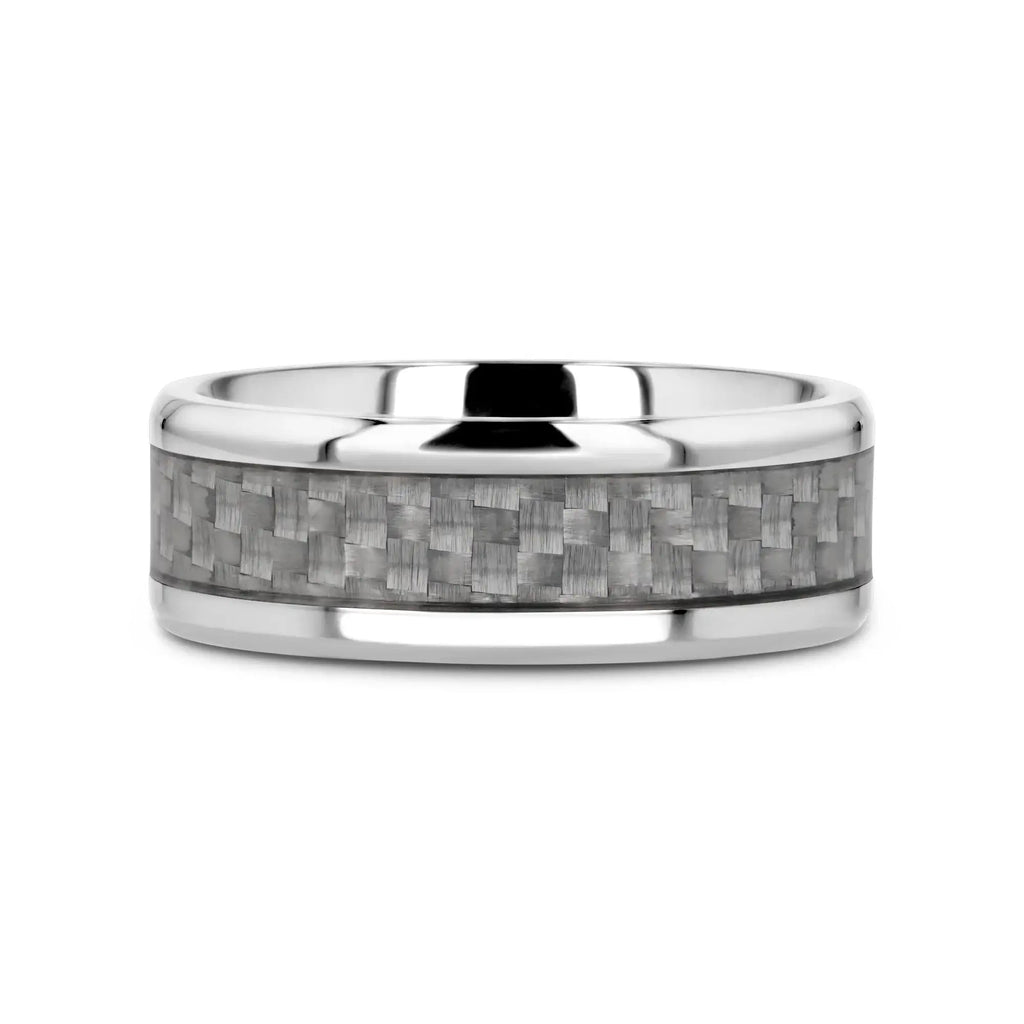 TANTALUS Beveled Edge Titanium Ring with White Carbon Fiber Inlay - 8mm