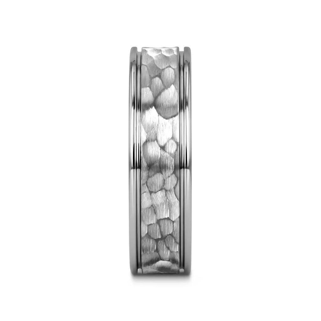 THORNTON Hammered Finish Center White Tungsten Carbide Wedding Band with Dual Offset Grooves and Polished Edges - 6mm & 8mm