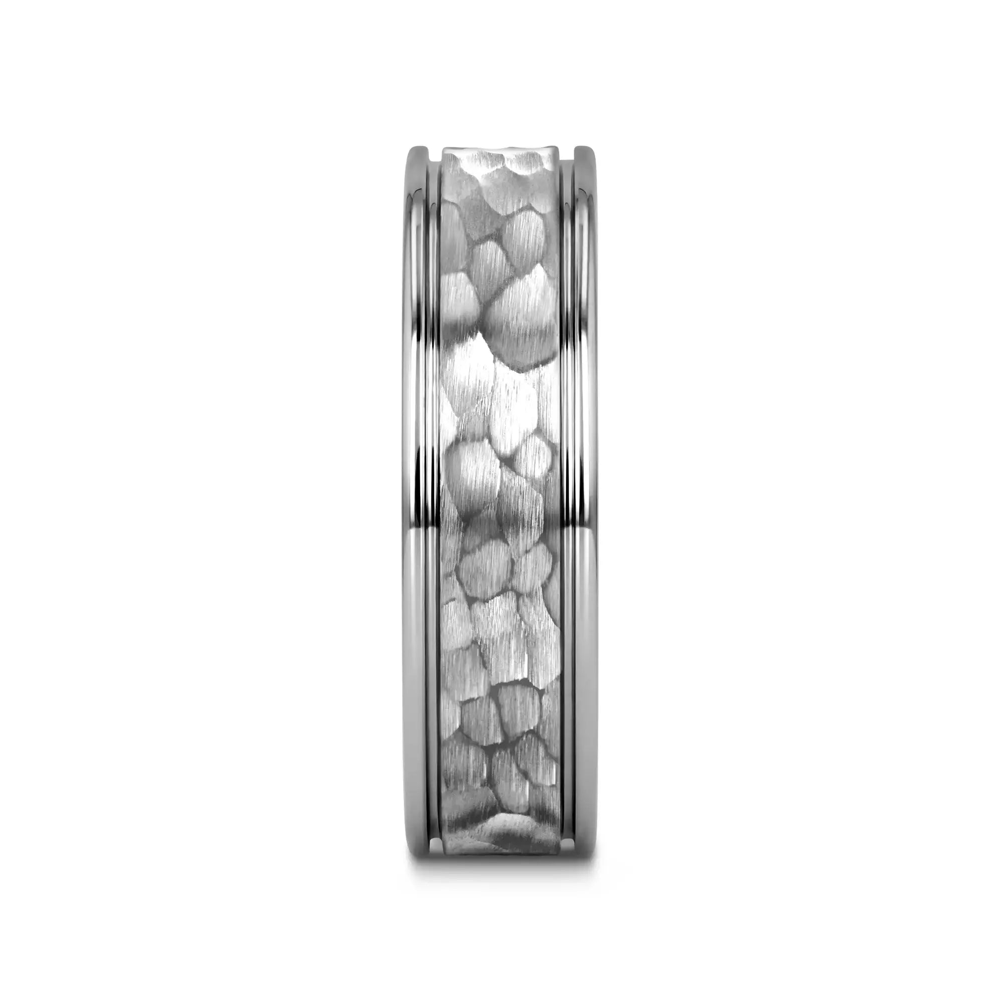 THORNTON Hammered Finish Center White Tungsten Carbide Wedding Band with Dual Offset Grooves and Polished Edges - 6mm & 8mm