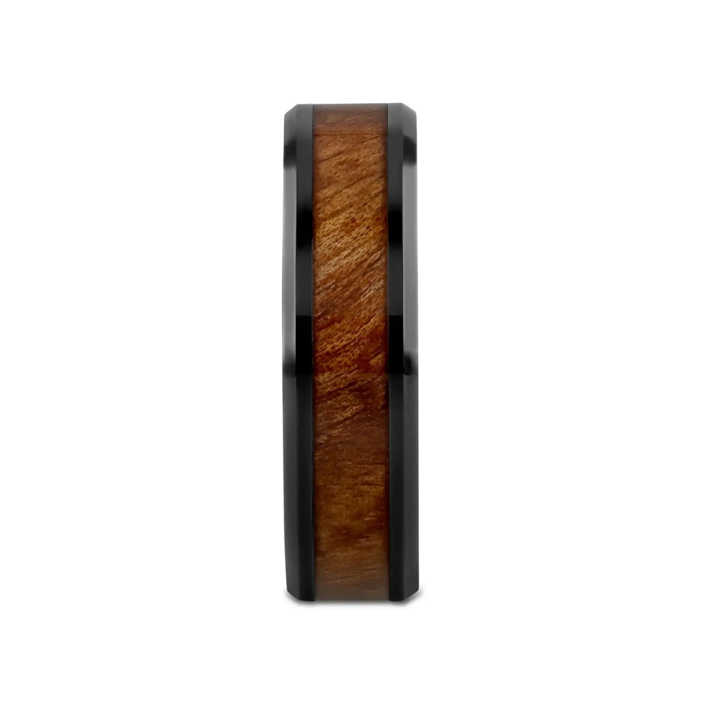 THRACIAN Carpathian Wood Inlaid Black Ceramic Ring with Bevels - 6mm & 8mm