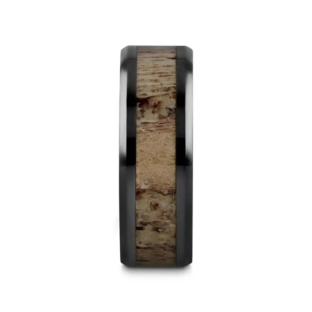 TRES Beveled Black Ceramic Polished Men's Wedding Band with Ombre Antler Inlay - 8mm