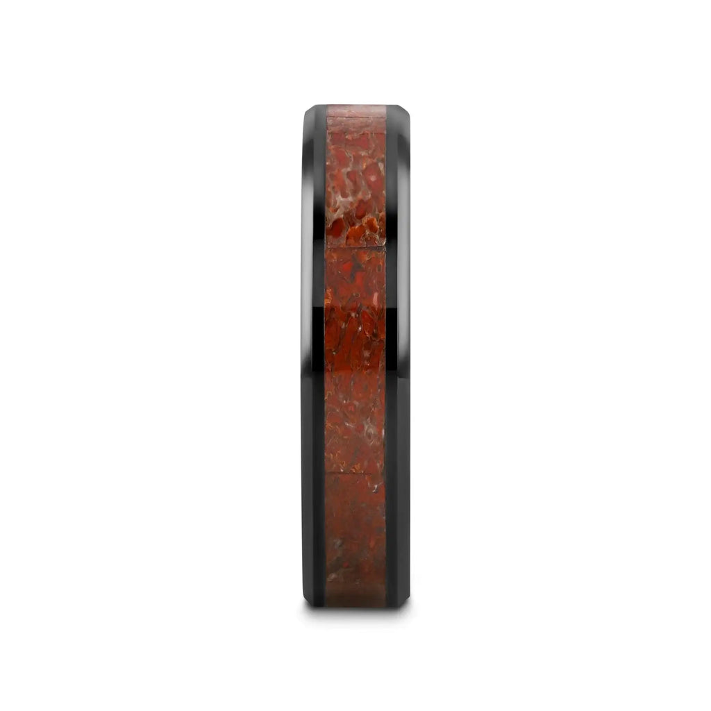 TRIASSIC Red Dinosaur Bone Inlaid Black Ceramic Beveled Edged Ring - 4mm & 8mm