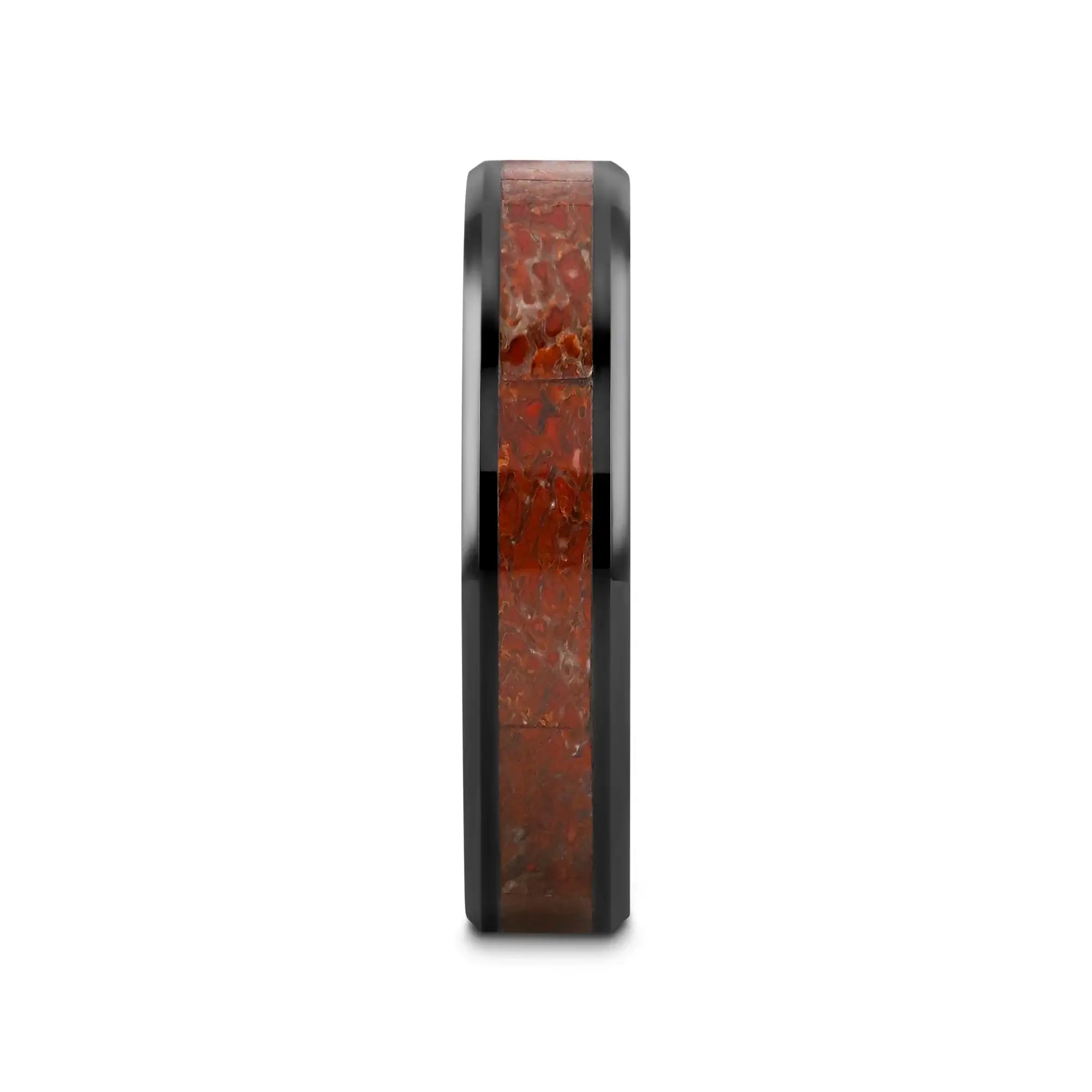 TRIASSIC Red Dinosaur Bone Inlaid Black Ceramic Beveled Edged Ring - 4mm & 8mm