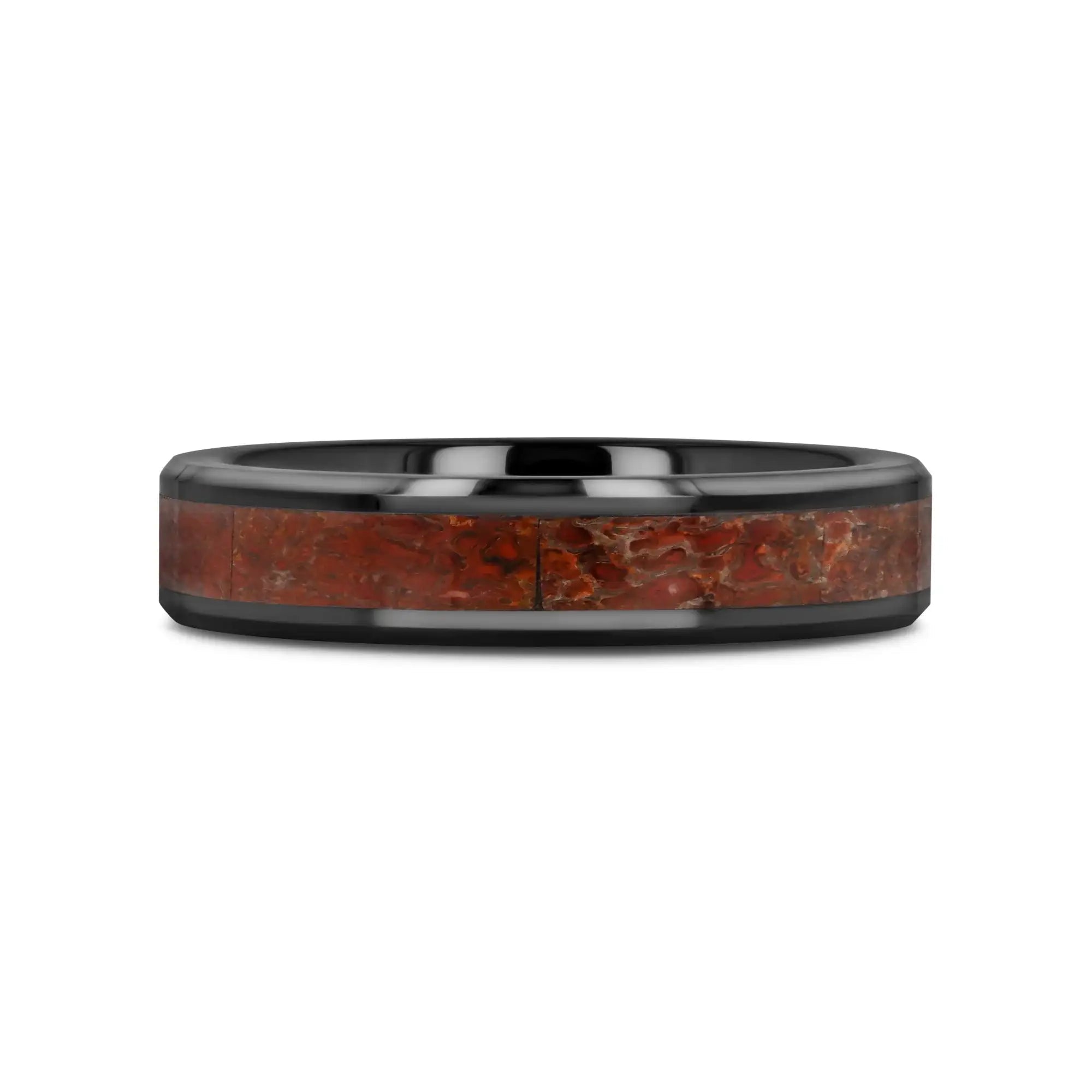 TRIASSIC Red Dinosaur Bone Inlaid Black Ceramic Beveled Edged Ring - 4mm