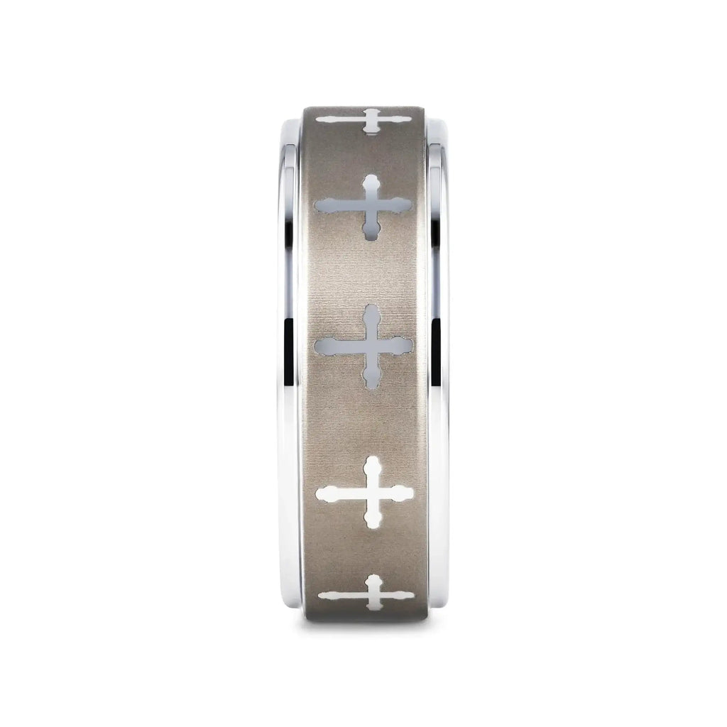 TRINITY Raised Center with Engraved Crosses Men's Tungsten Wedding Band – 8mm
