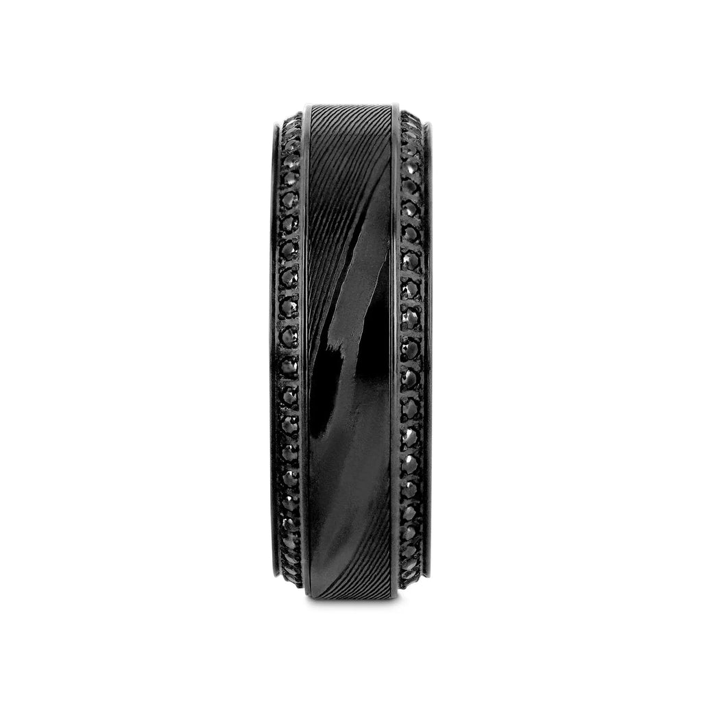 TROPHY Black Damascus Steel Inlaid Polished Black Titanium Men's Wedding Band With Black Sapphire Beveled Edges - 8mm