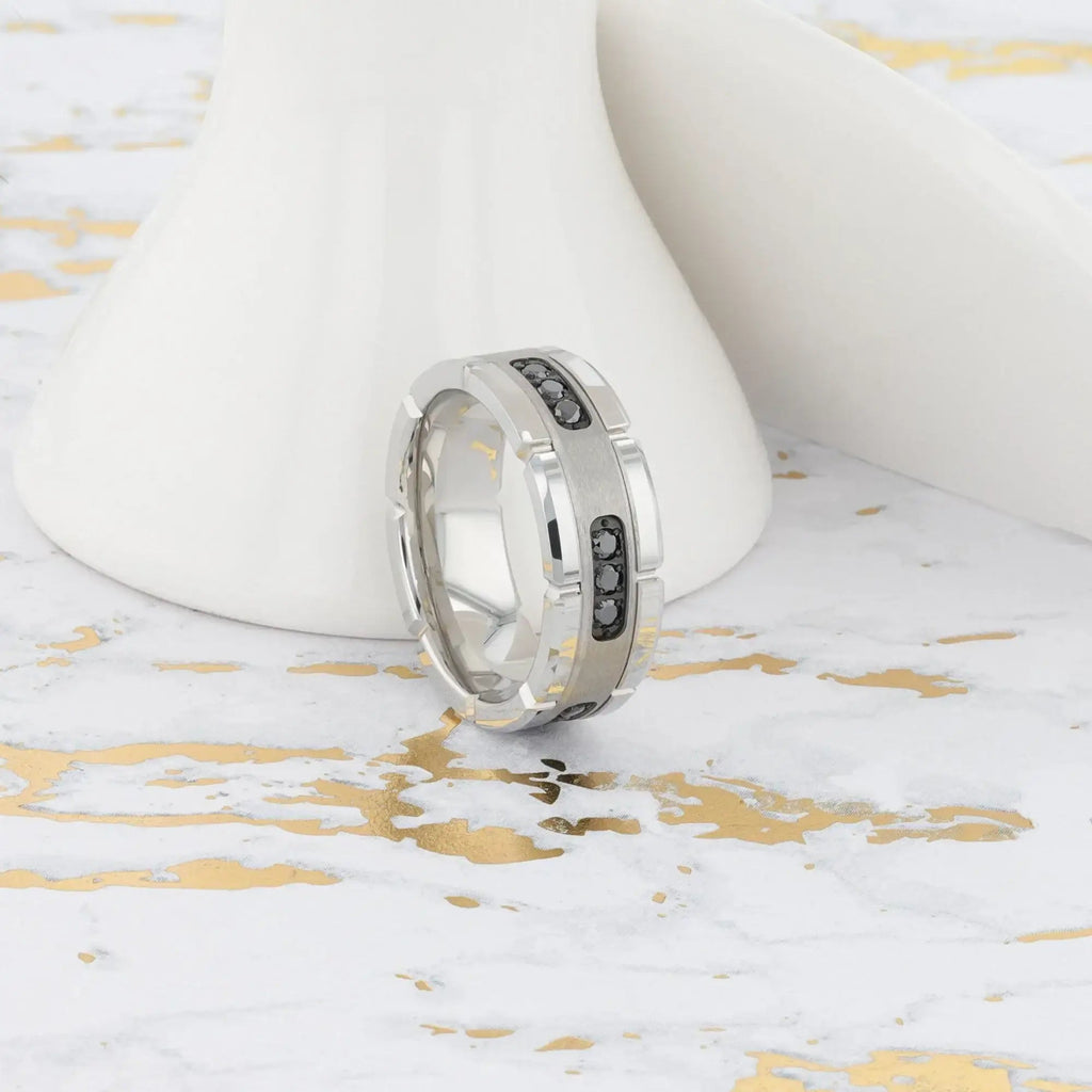 VALOR Grooved Tungsten Ring with Silver Inlay & Black Diamonds - 8mm