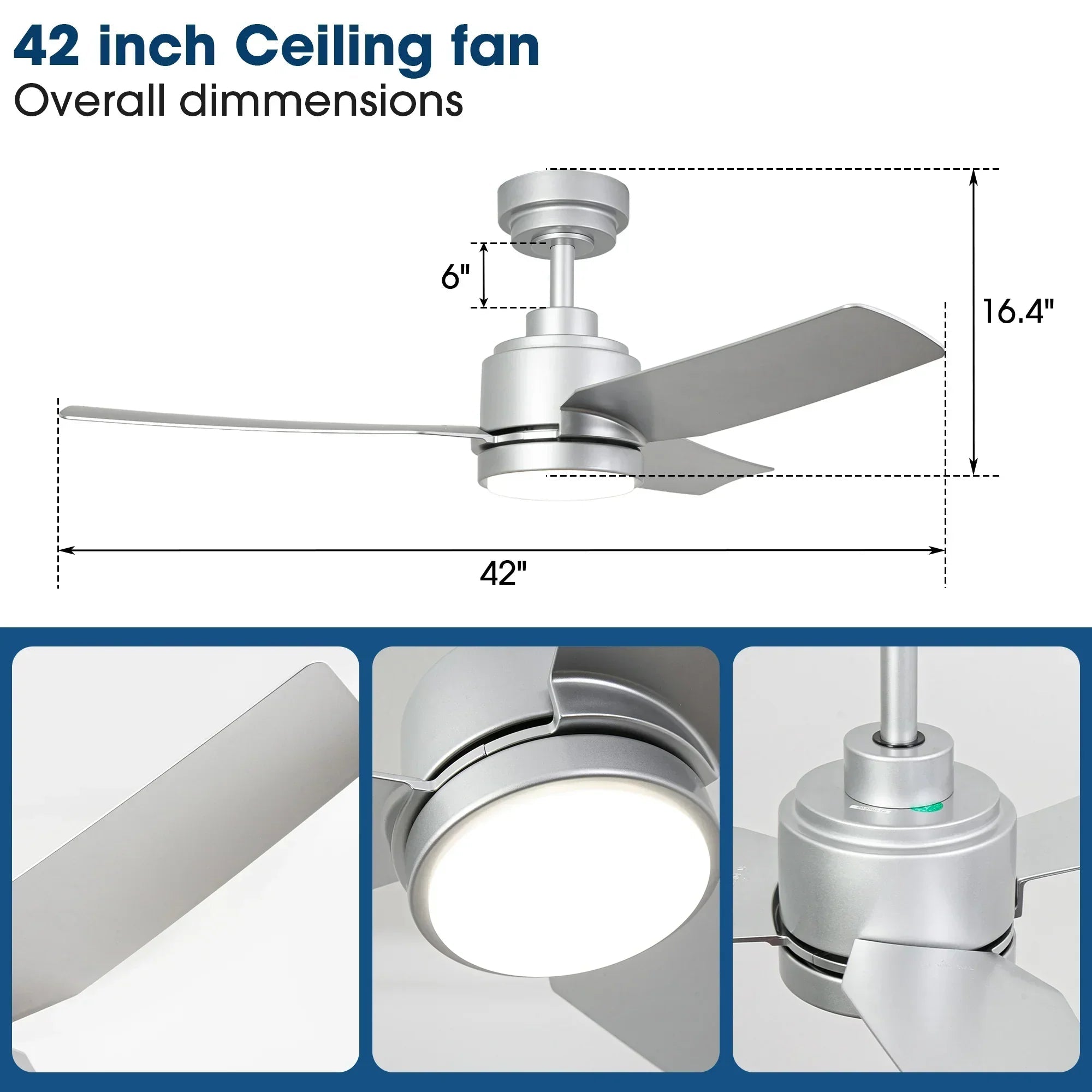 Vaczon 42 Inch 3-Blades Modern Ceiling Fan with Remote Control and LED Light