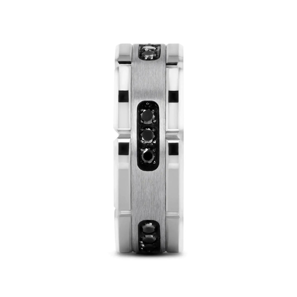 VALOR Grooved Tungsten Ring with Silver Inlay & Black Diamonds - 8mm