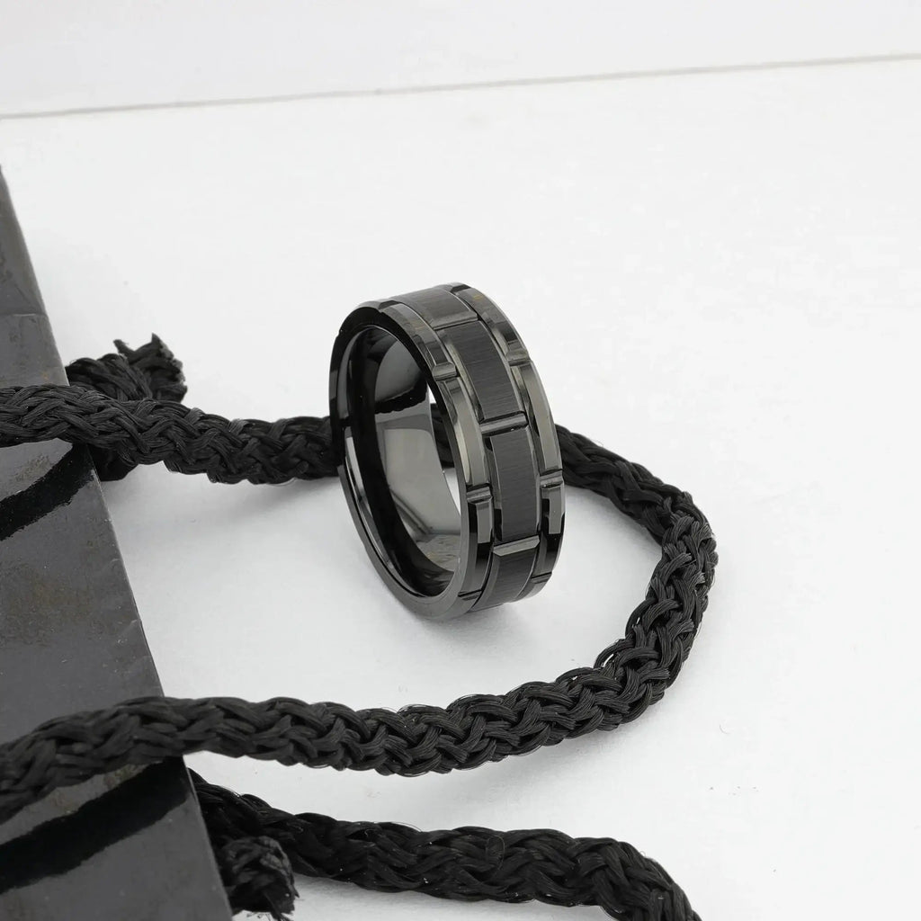 WINDSOR Beveled Black Tungsten Carbide Wedding Band with Brushed Center and Alternating Grooves – 8mm & 10mm