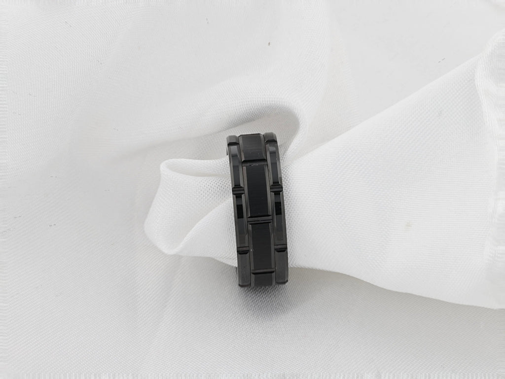 WINDSOR Beveled Black Tungsten Carbide Wedding Band with Brushed Center and Alternating Grooves – 8mm & 10mm
