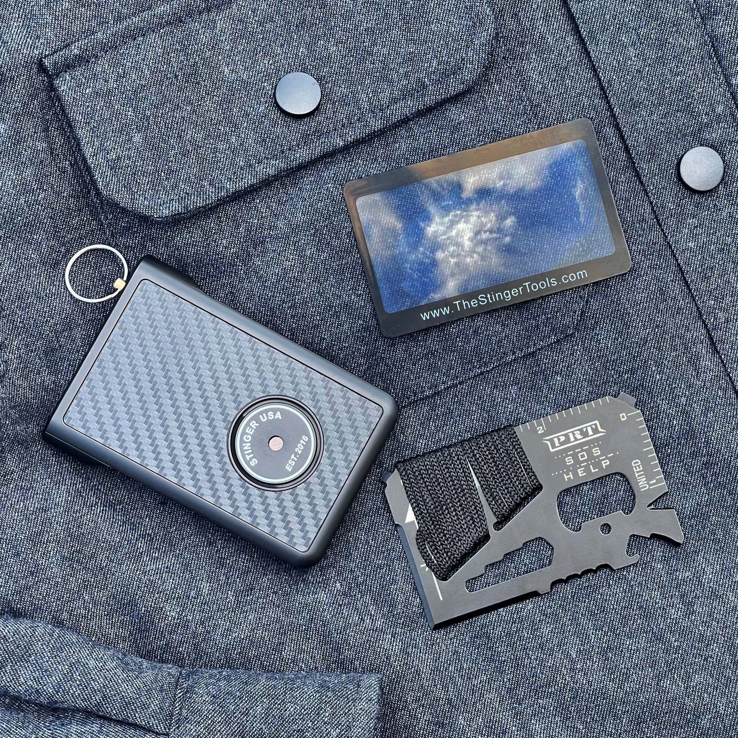 Stinger Minimalist Wallet, Card Holder, Safety Wallet with Personal Alarm, Multi-functional Tool, and Magnifier (Black Carbon Fiber)