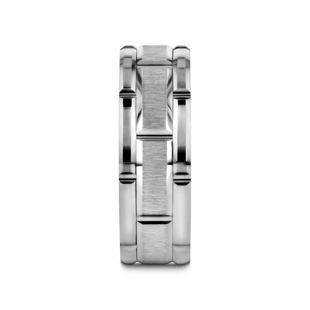 WARWICK Beveled Tungsten Carbide Wedding Band with Brush Finished Center and Alternating Grooves - 8mm