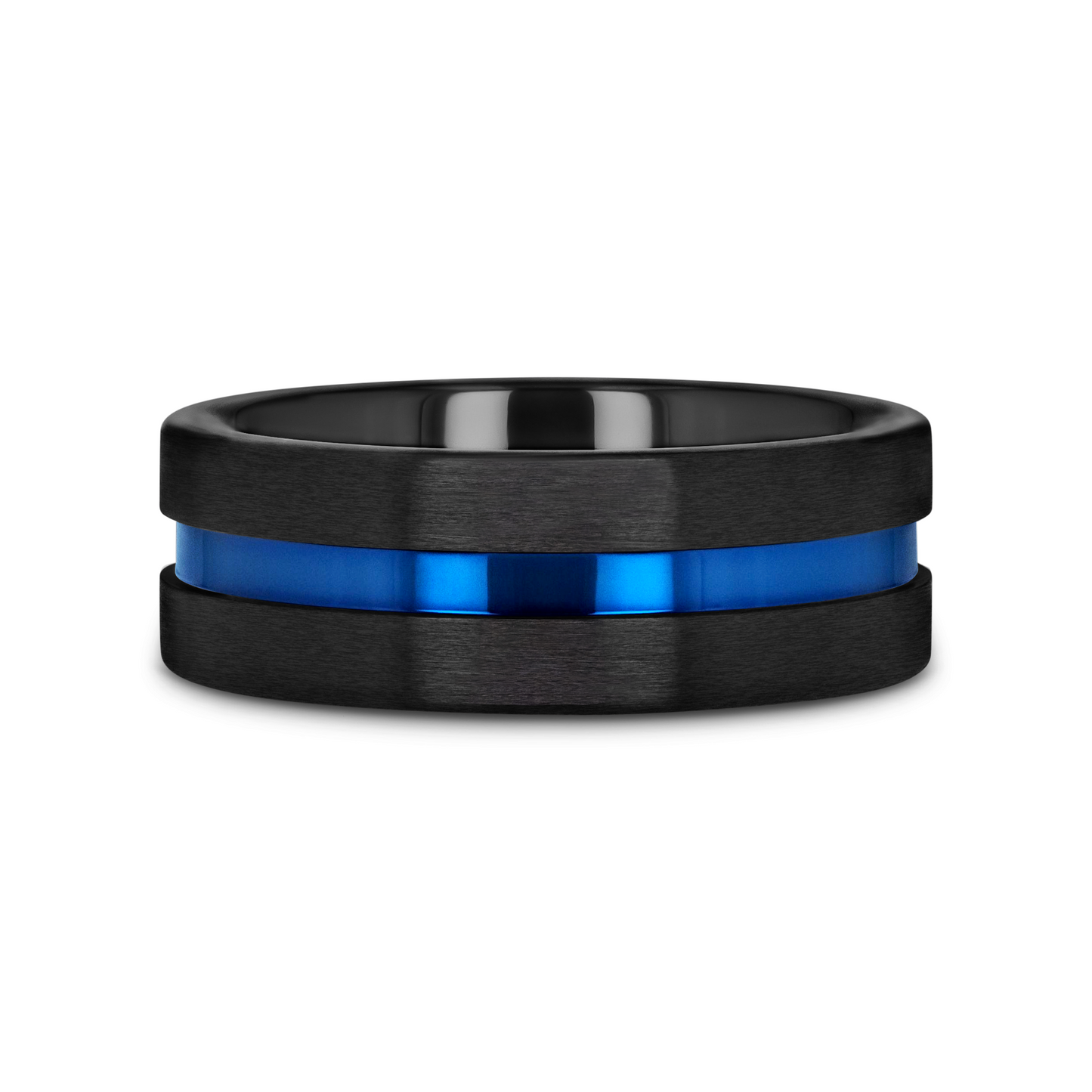 WESTLEY Flat Brushed Finish Black Ceramic Men’s Wedding Ring with Blue Grooved Center - 8mm