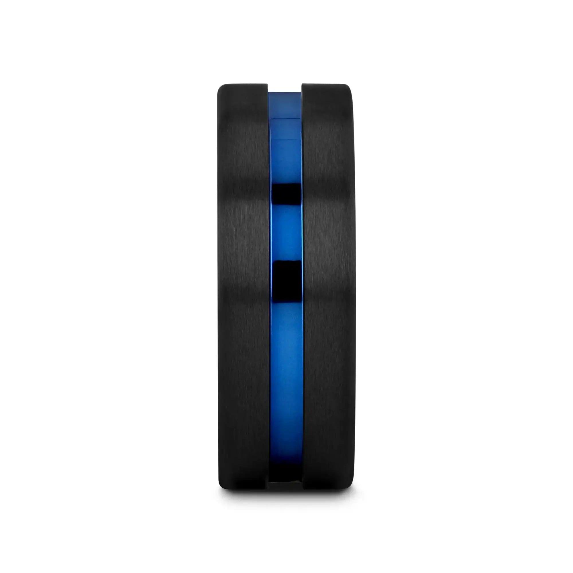 WESTLEY Flat Brushed Finish Black Ceramic Men’s Wedding Ring with Blue Grooved Center - 8mm