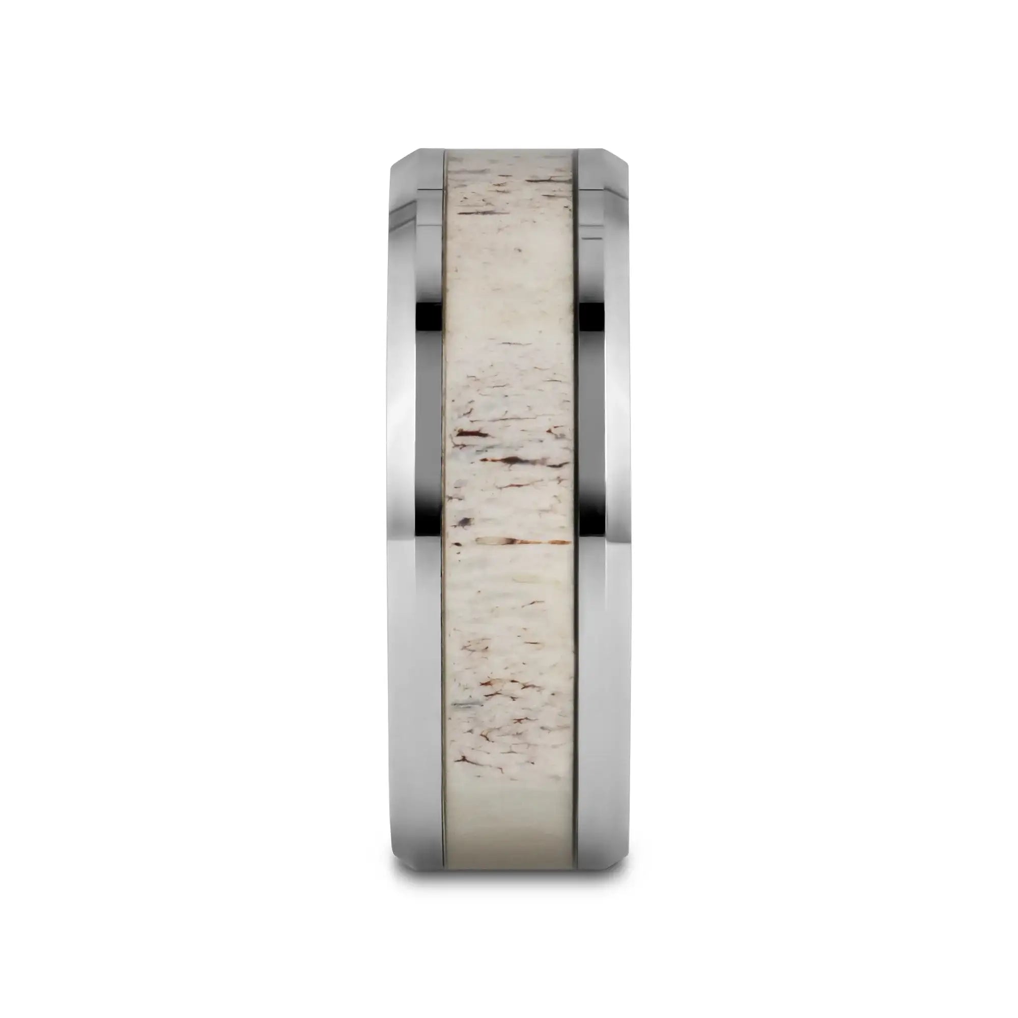 WHITETAIL Polished Beveled Tungsten Carbide Men's Wedding Band with Off-White Deer Antler Inlay - 8mm