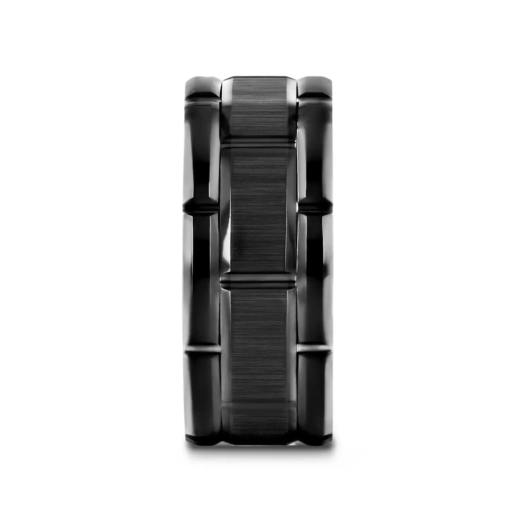 WINDSOR Beveled Black Tungsten Carbide Wedding Band with Brushed Center and Alternating Grooves – 8mm & 10mm