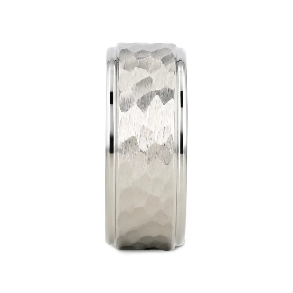 WINSTON White Tungsten Ring with Raised Hammered Finish and Polished Step Edges - 4mm - 10mm