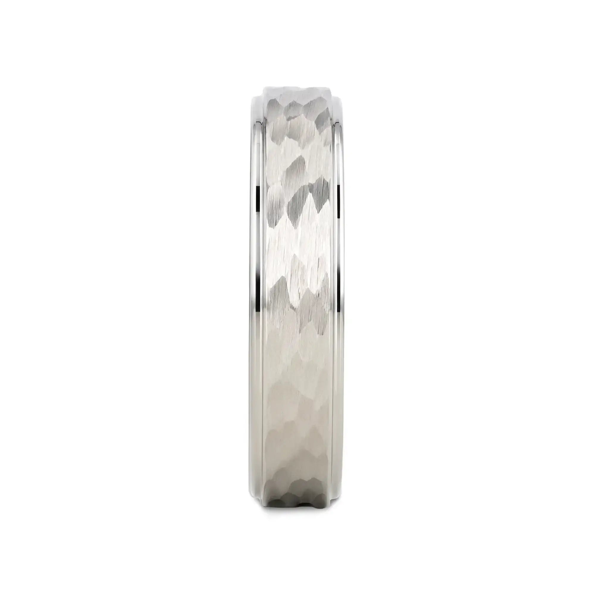 WINSTON White Tungsten Ring with Raised Hammered Finish and Polished Step Edges - 4mm - 10mm