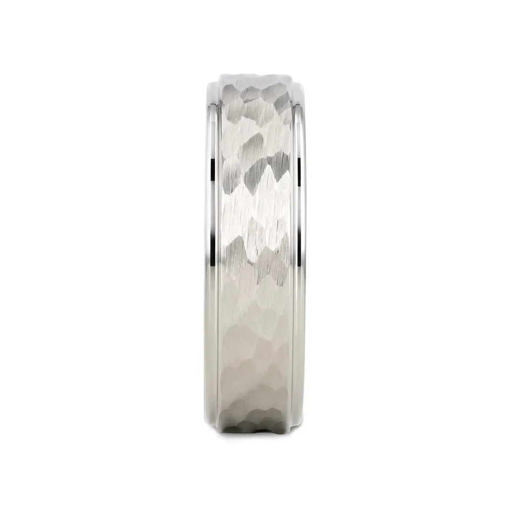 WINSTON White Tungsten Ring with Raised Hammered Finish and Polished Step Edges - 4mm - 10mm