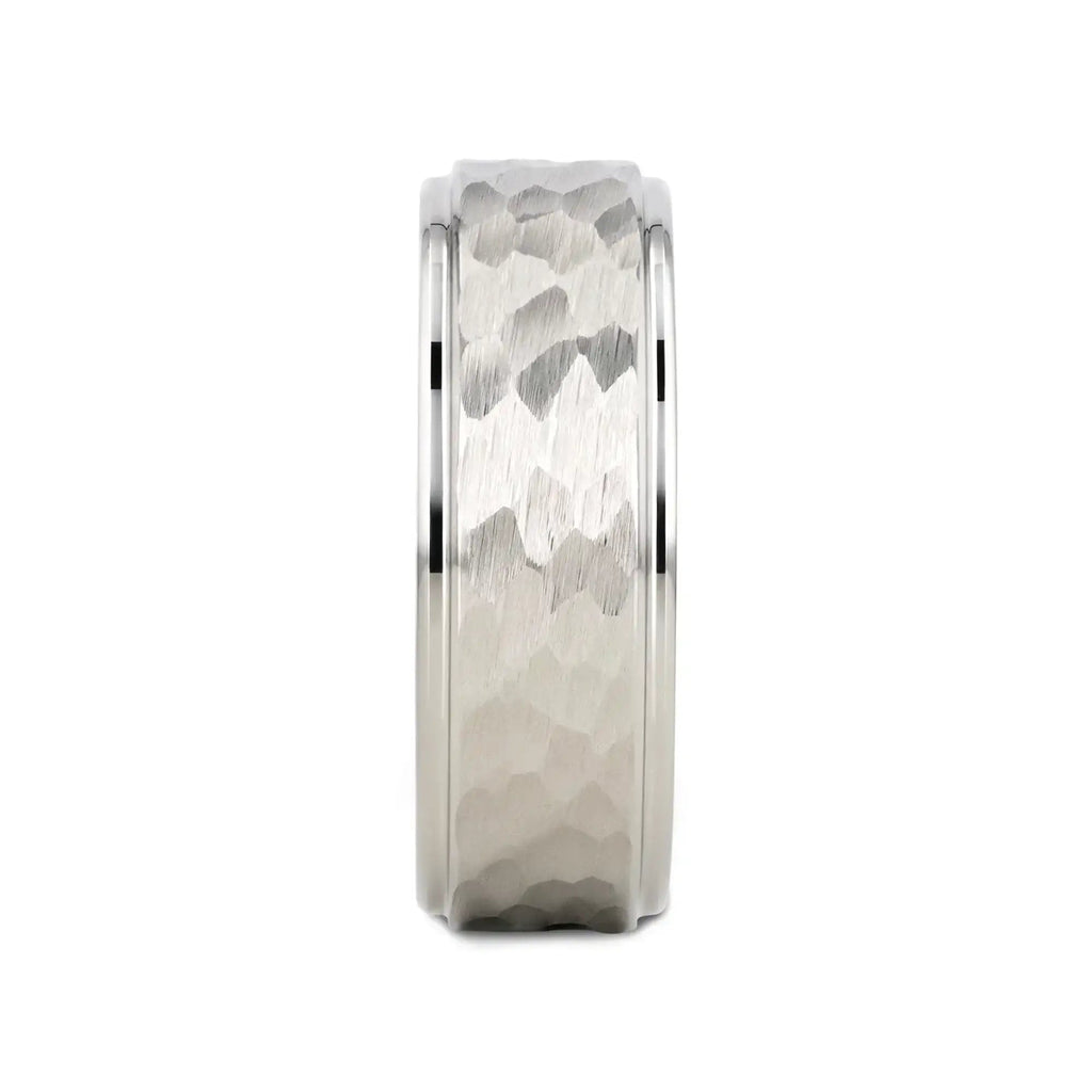 WINSTON White Tungsten Ring with Raised Hammered Finish and Polished Step Edges - 4mm - 10mm