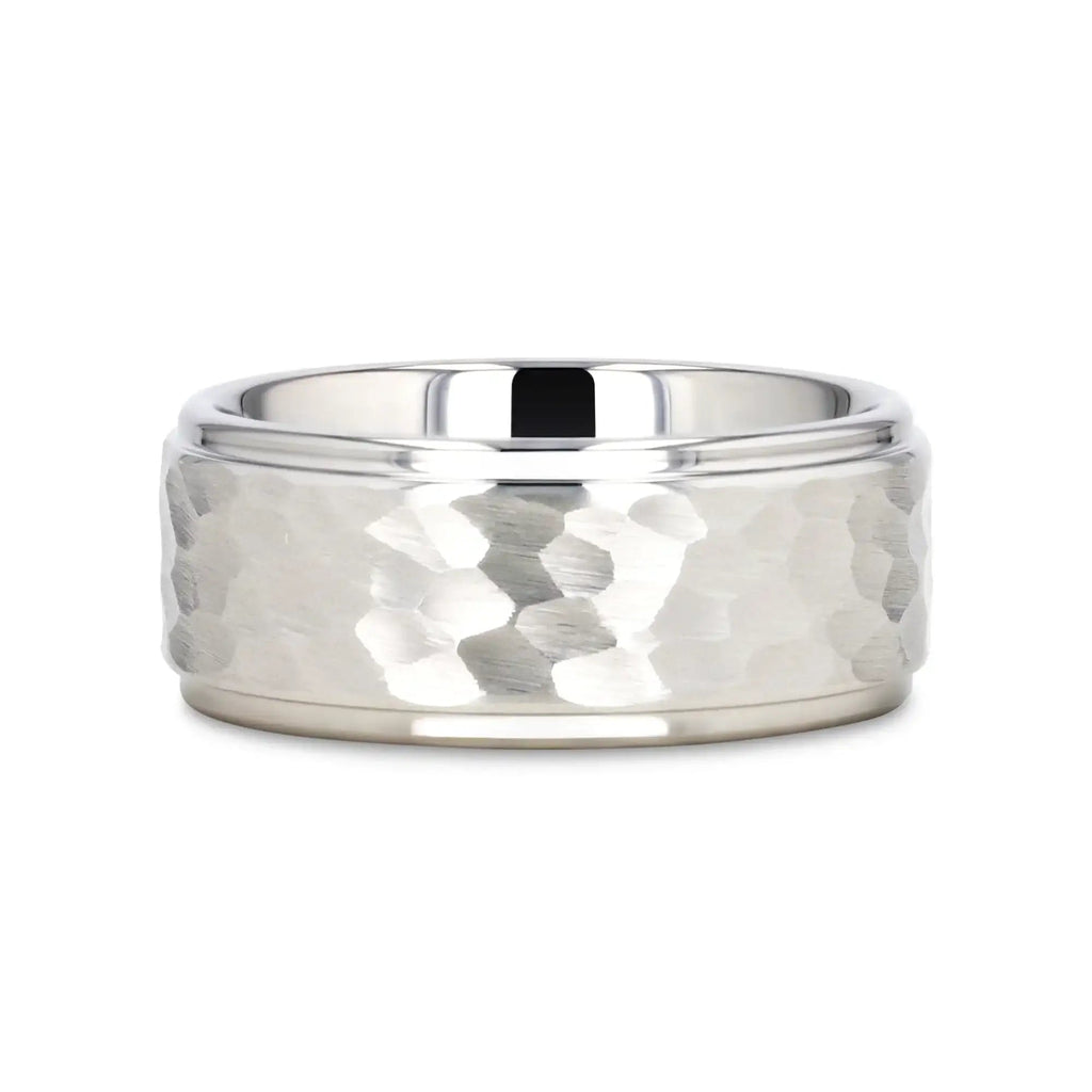 WINSTON White Tungsten Ring with Raised Hammered Finish and Polished Step Edges - 4mm - 10mm
