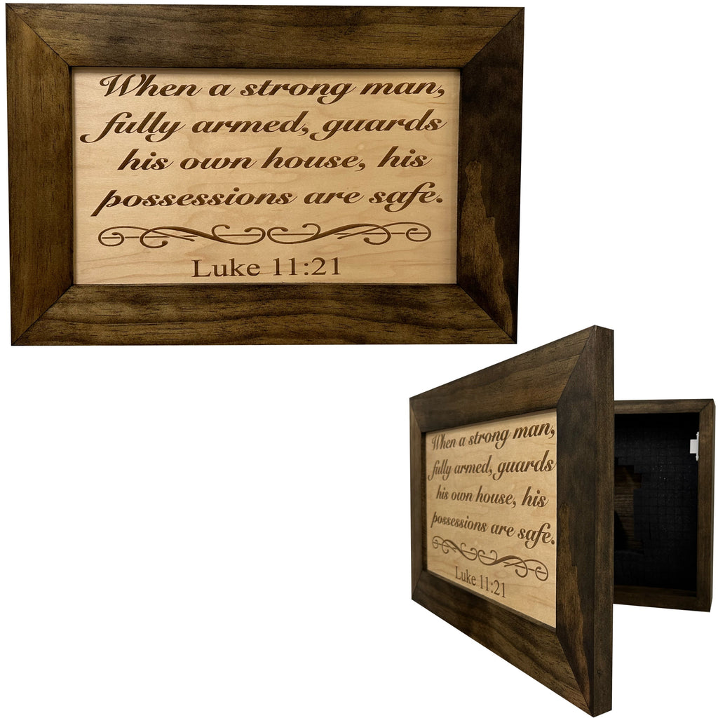 Luke 11:21 Wall Gun Safe - Religious Hidden Gun Safe - Handcrafted Concealment Furniture for Guns - Quick Access Firearm Storage with Magnetic Lock - Hidden Shelf Safe