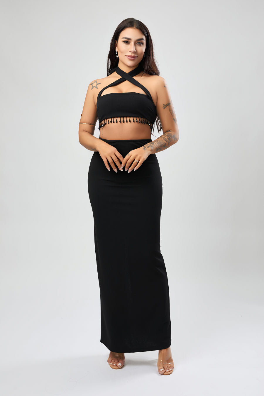 Sexy stylish slight stretch beaded decor hollow midi dress