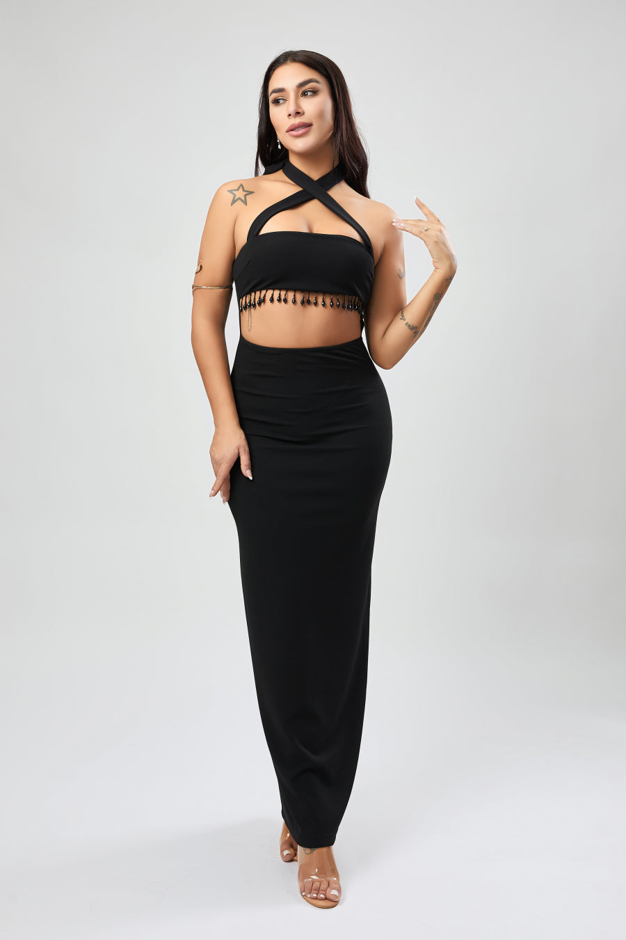 Sexy stylish slight stretch beaded decor hollow midi dress