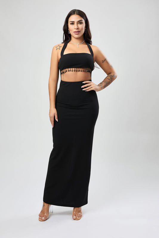 Sexy stylish slight stretch beaded decor hollow midi dress