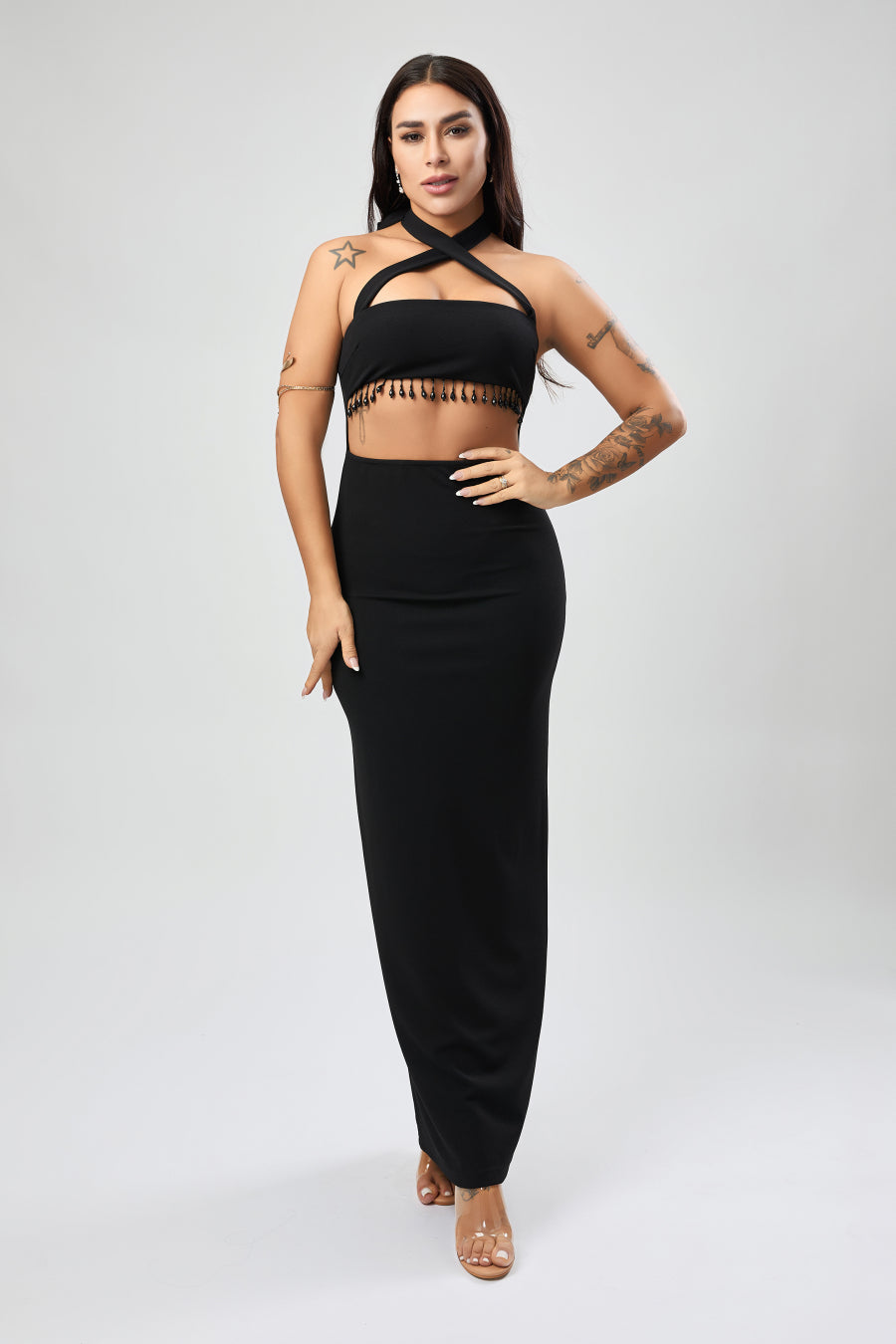 Sexy stylish slight stretch beaded decor hollow midi dress