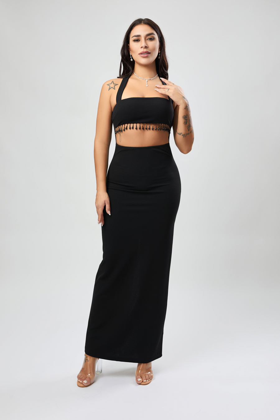 Sexy stylish slight stretch beaded decor hollow midi dress