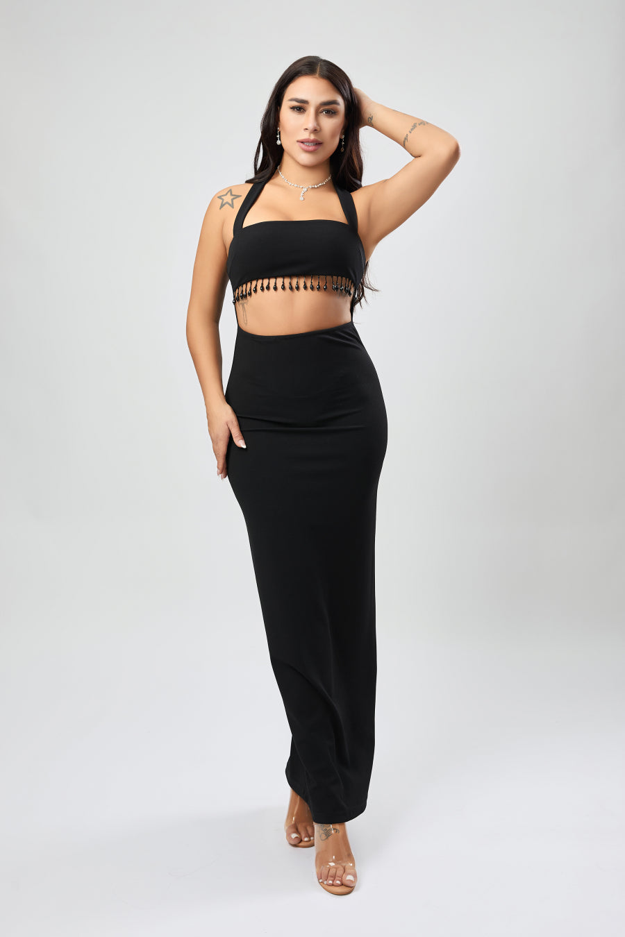 Sexy stylish slight stretch beaded decor hollow midi dress